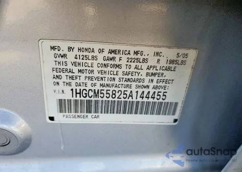 2005 Honda Accord Ex z USA, uszkodzony, nr VIN 1HGCM55825A144455